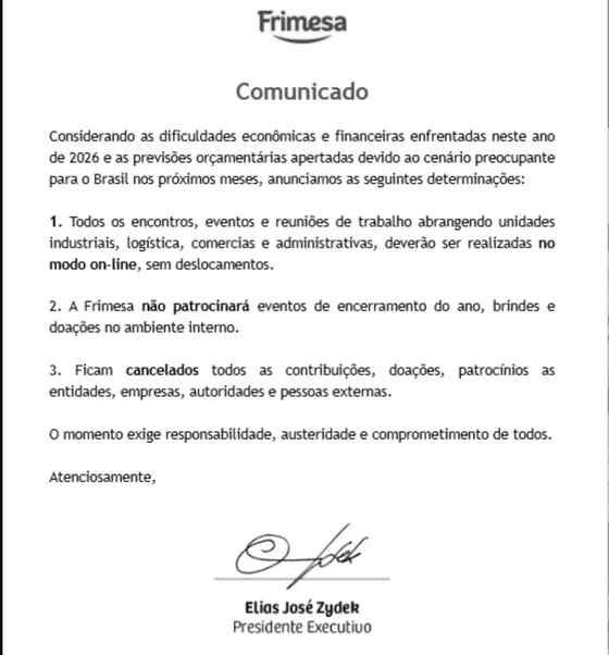 Comunicado da Frimesa assinado pelo presidente executivo Elias José Zydek