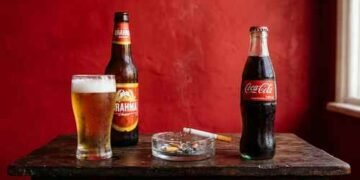 Cerveja, cigarro e refrigerante sobre mesa de madeira