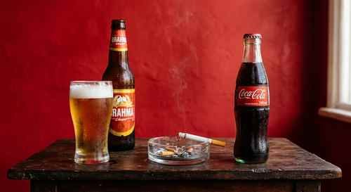 Cerveja, cigarro e refrigerante sobre mesa de madeira