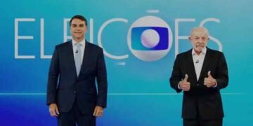 Lula e Flávio Bolsonaro no debate presidencial da TV Globo