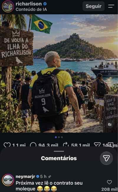 Post de Richarlison no Instagram com comentário de Neymar: Próxima vez lê o contrato seu moleque